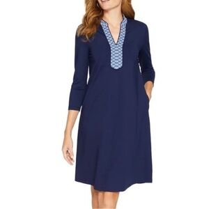J. McLaughlin Catalina Cloth Carmine Shift Dress Size Large Blue V-Neck Pockets